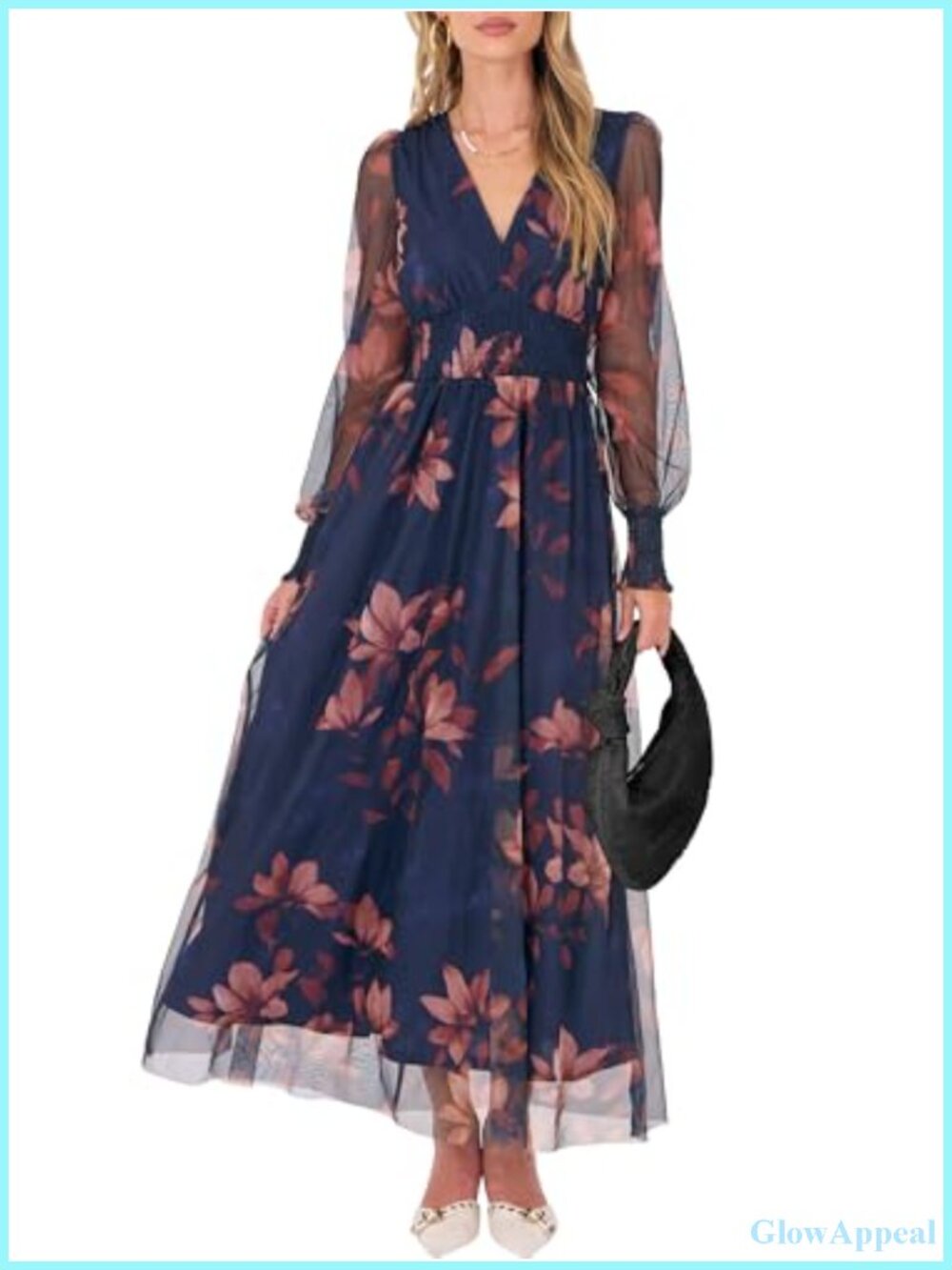 Women's Tulle Floral Maxi Dress Long Sleeve V-Neck A-Line